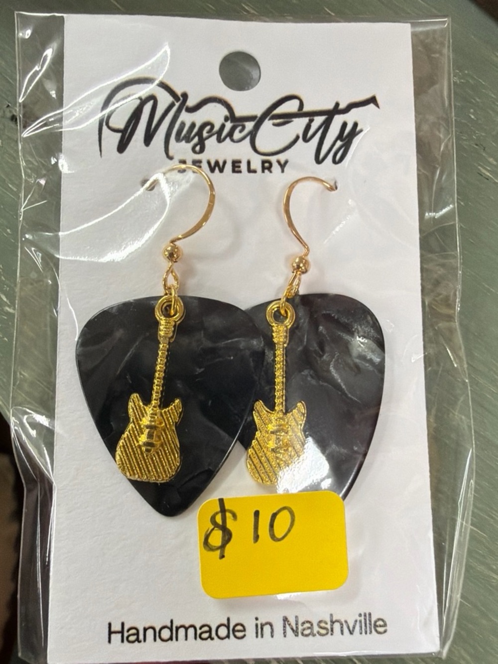Gold Guitar Black Drop Earrings